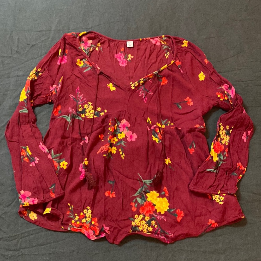 V Neck Babydoll Floral Maroon Wine Top Large